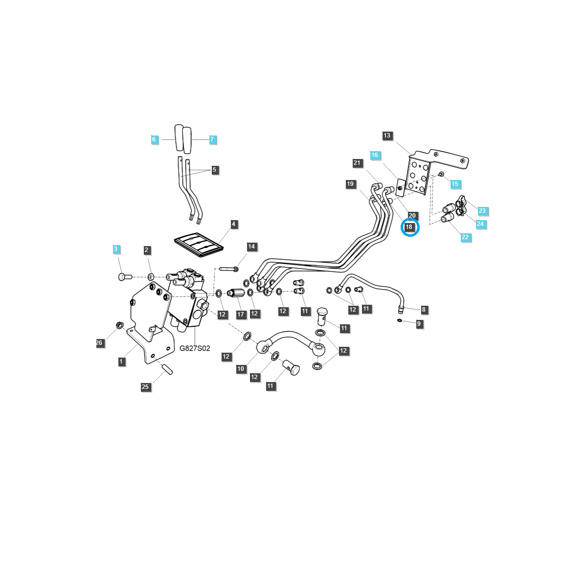 câbles - Tuyau hydraulique / Gauche / TRG287 / Tracteur LS / N° 40187103