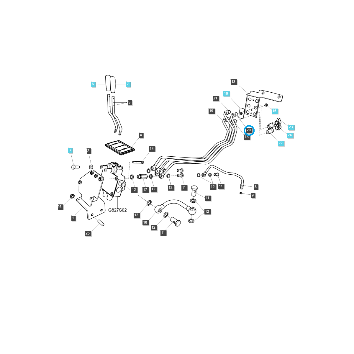 Tuyau hydraulique / NR2 / Gauche / TRG287 / Tracteur LS / N° 40187105