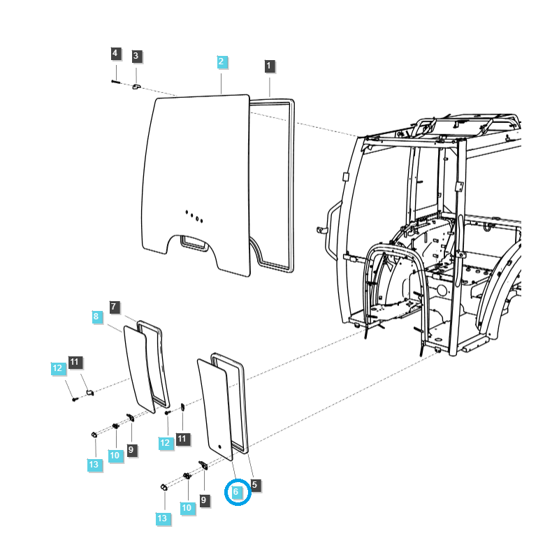 pièces de carrosserie - Vitre de fenêtre inférieure avant gauche / TRG863 / Tracteur LS / N° 40255033
