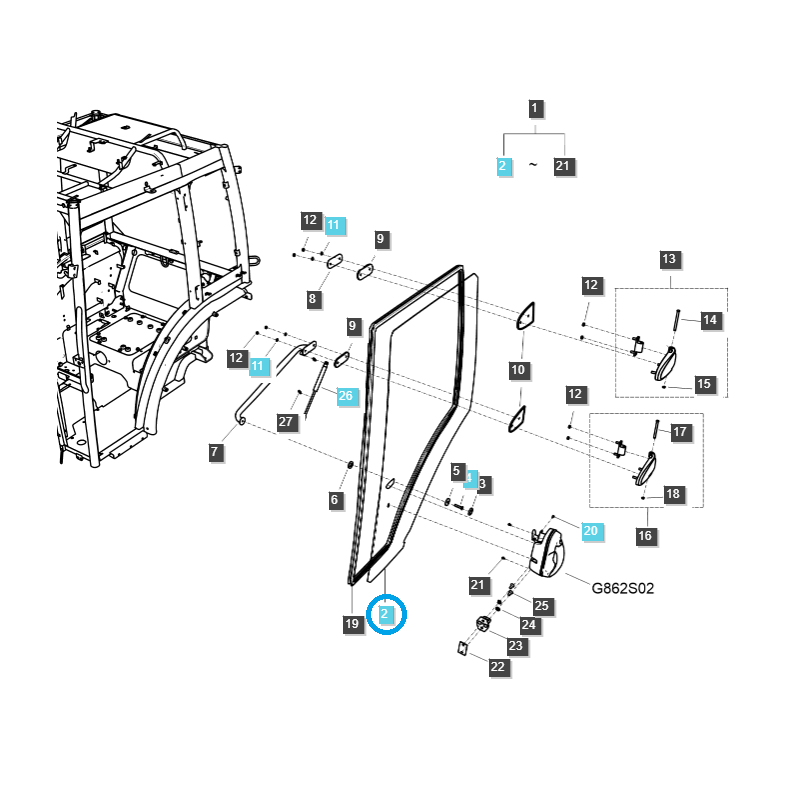 karosserieteile - Linkes Kabinentürglas / TRG862 / LS-Traktor / Nr. 40433576 / 40413743