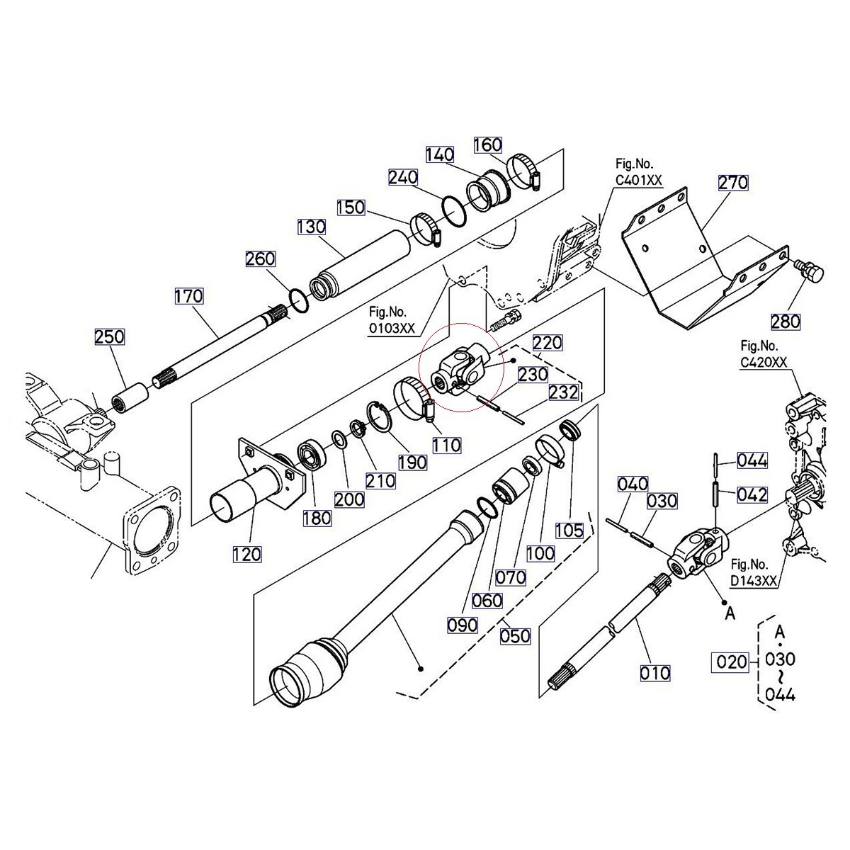 Cardan shaft 14T / 14T / 95 mm / Kubota B2420 / L3108 / L3408 / L4508 /  M6040SU / M9540