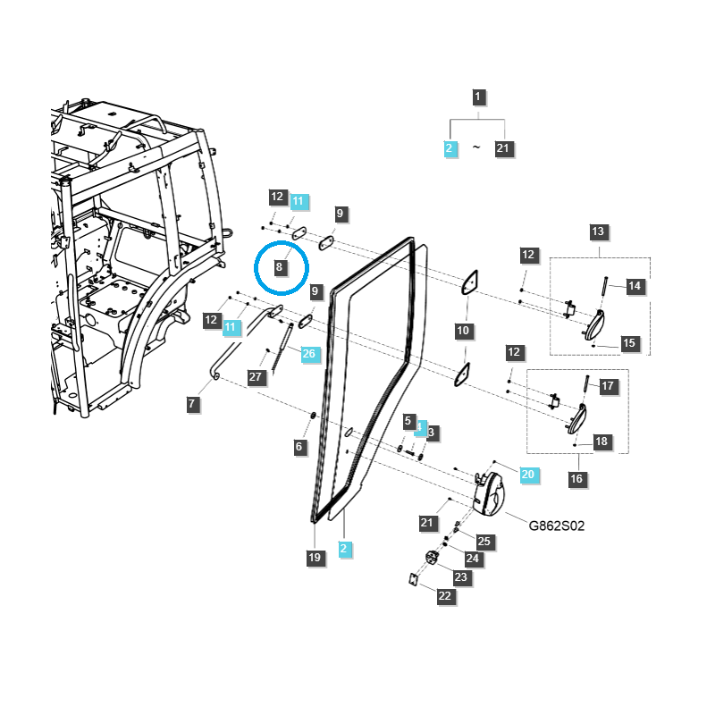 partes de carrocería - Montaje de bisagra de puerta de cabina / TRG862 / Tractor LS / n.º 40327119