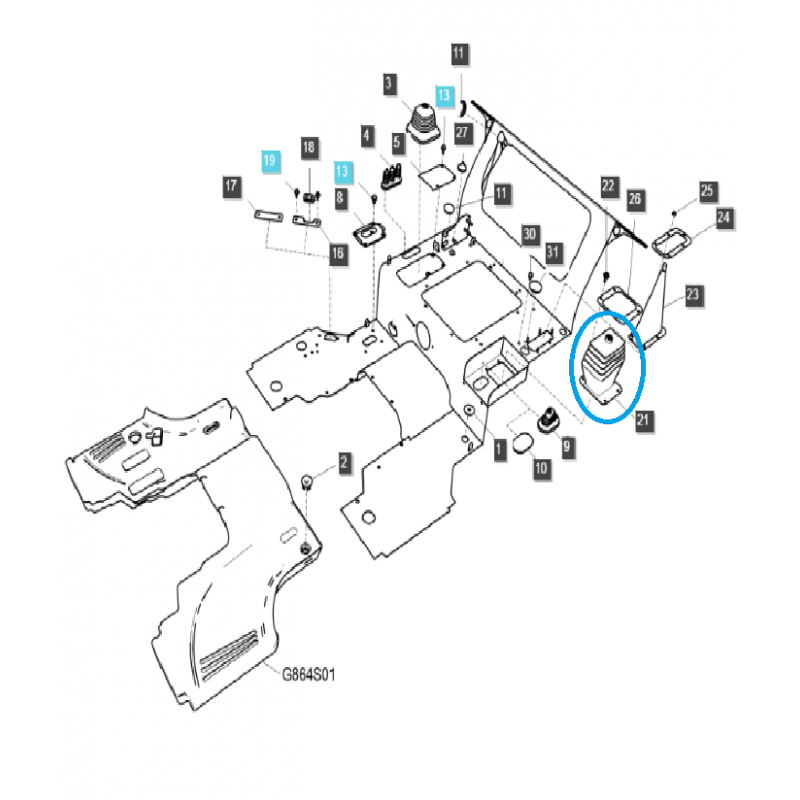 elementos de equipamiento de cabina - Cubierta de palanca de cambios / recubrimiento en polvo / TRG864 / LS Tractor MT357 / 40355664