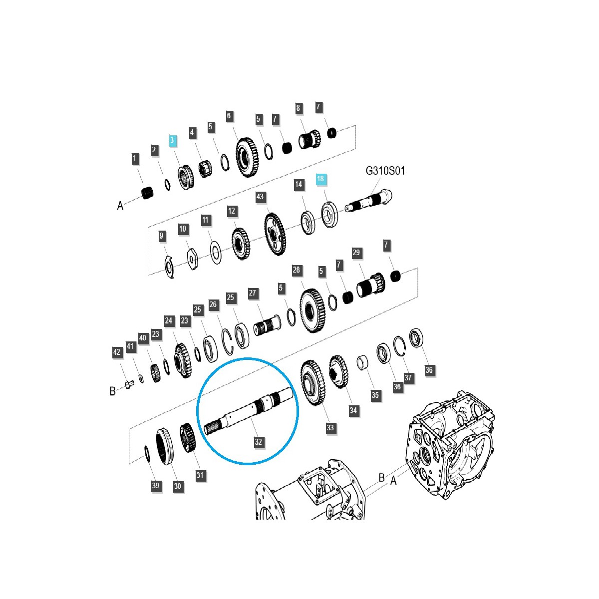 Eje caja de cambios TRG285 / LS Tractor / 40009364