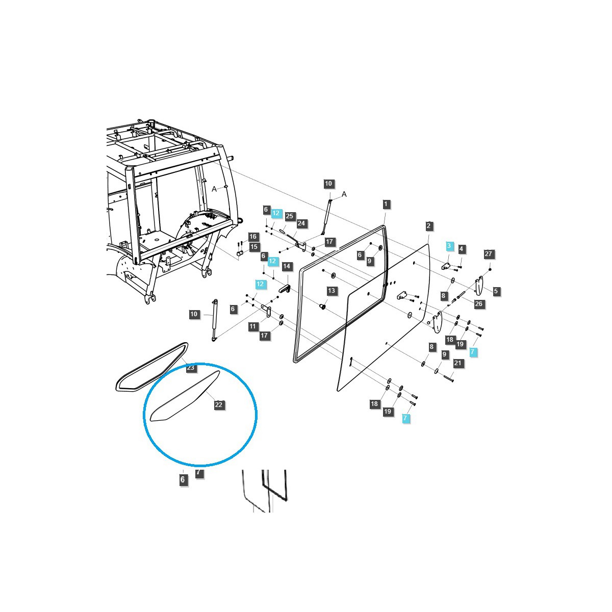 Zadní / spodní okno kabiny / TRG863 / LS Traktor / č. 40430054