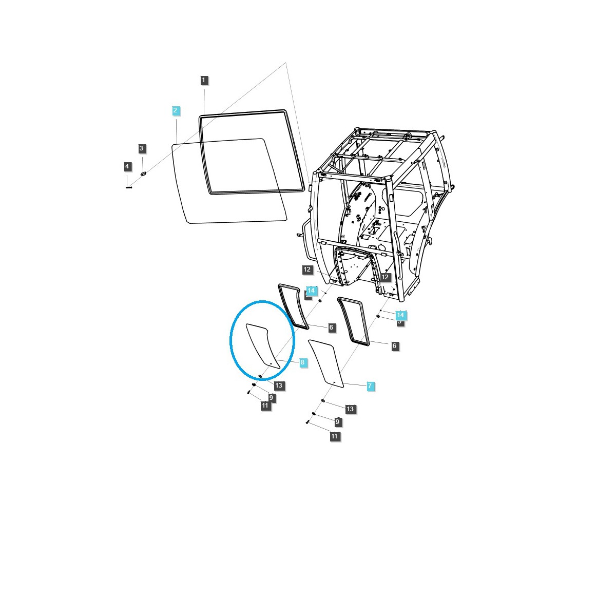 Vitre de cabine avant / droite / inférieure / TRG863 / Tracteur LS / N° 40430050