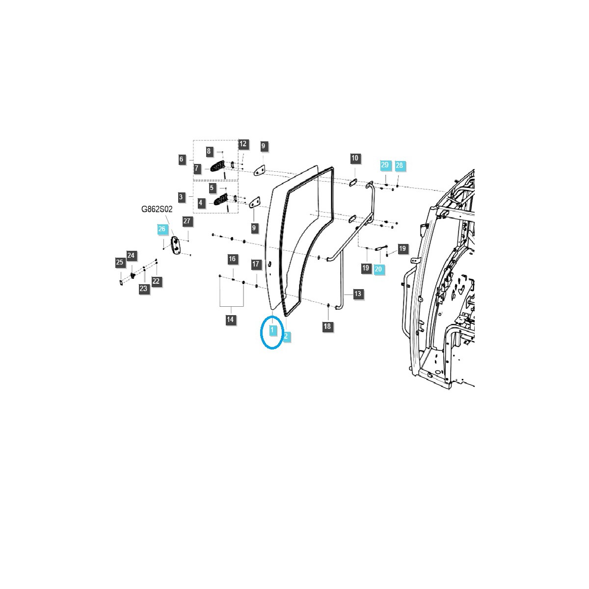 Rechtes Kabinentürglas / TRG862 / LS-Traktor / 40430015