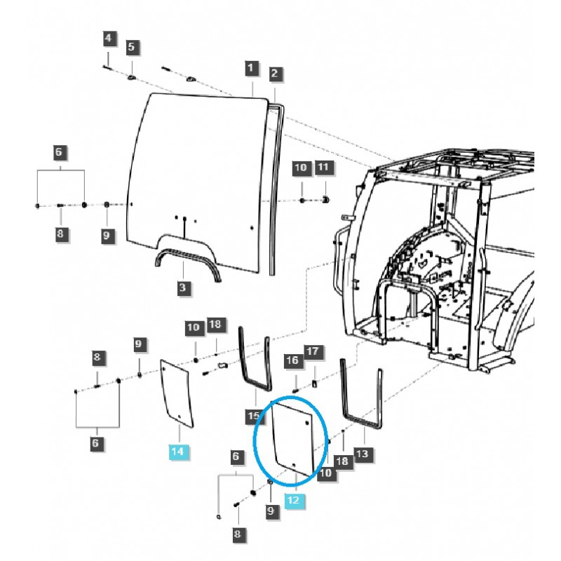 karosserieteile - Vorne / links / unteres Kabinenfenster / TRG863 / LS Traktor / Nr. 40340764