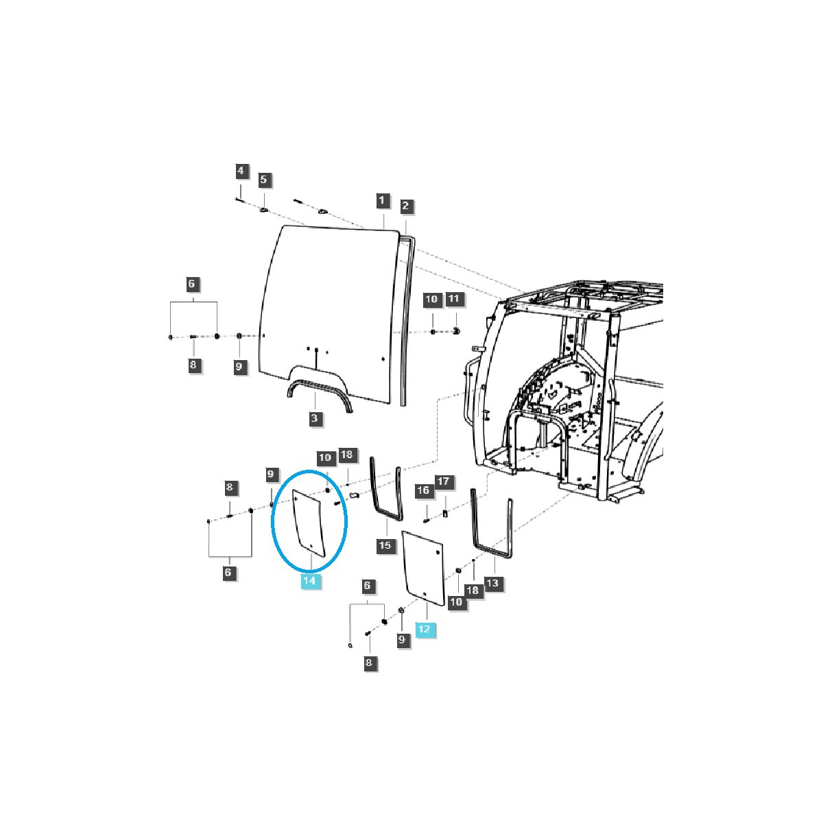 Right front lower cab window / TRG863 / LS Tractor 40340763