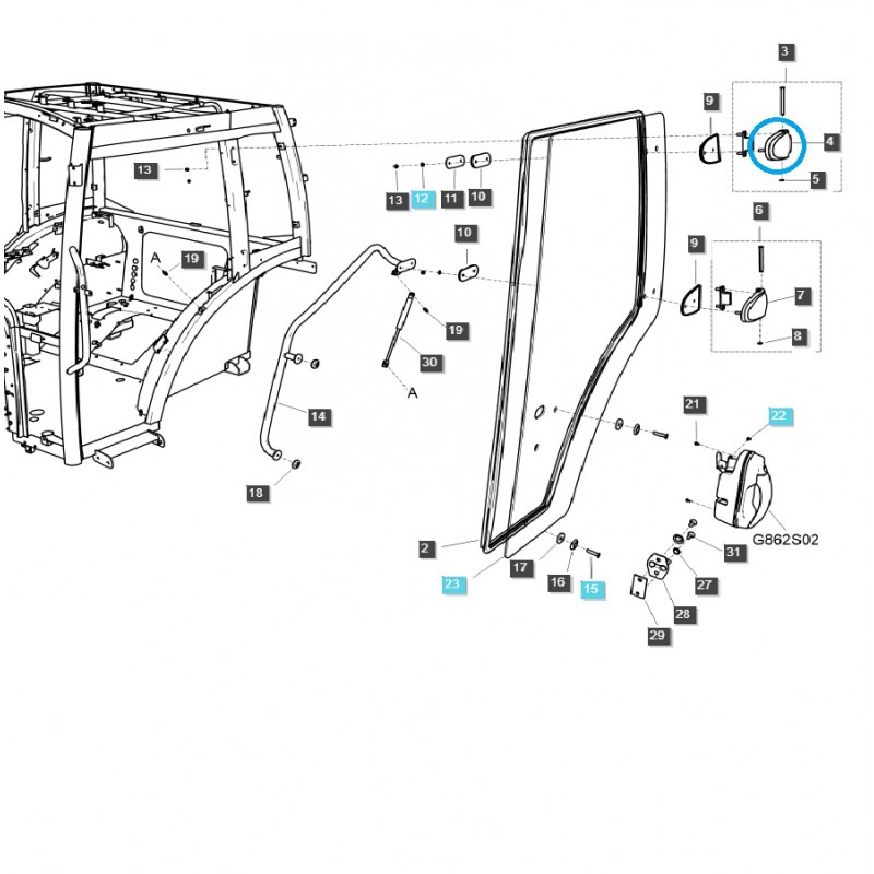 pièces pour ls - Charnière de porte de cabine / TRG862 / Tracteur LS / N° 40248041
