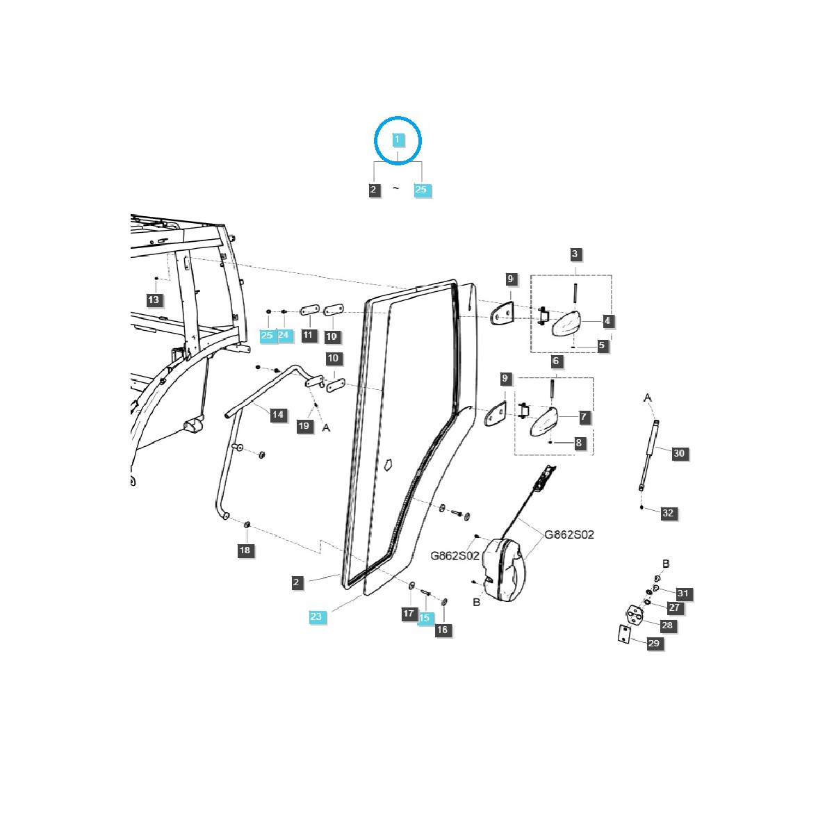 Kompletné dvere kabíny - ľavé G862 / LS MT7.84, MT7.94 / 40432188