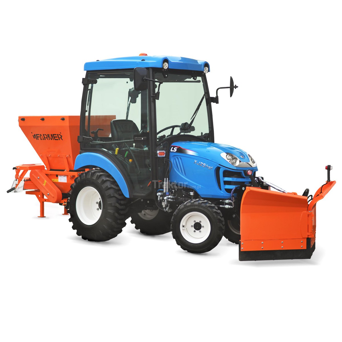 LS Tractor XJ25 HST 4x4 - 24.4 KM / IND / CAB + Vario 150 cm arrow snow plow, hydraulic 4FARMER + M320 spreader