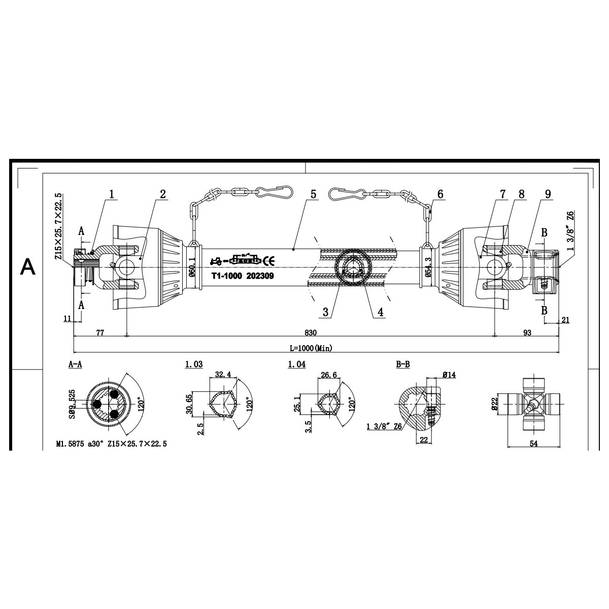 Zapfwelle 030B - 100cm / bis 30 PS - 15z Verriegelung - 6z Standard