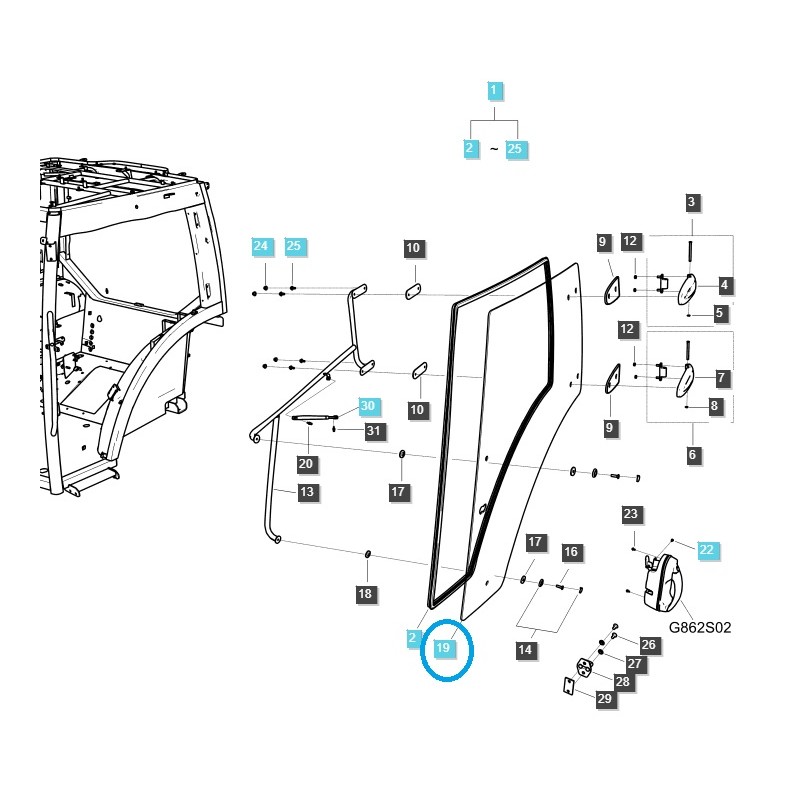 car body parts - Left Cab Door Glass / MT5.68 / MT5.73 / TRG862 / LS Tractor / No. 40430014