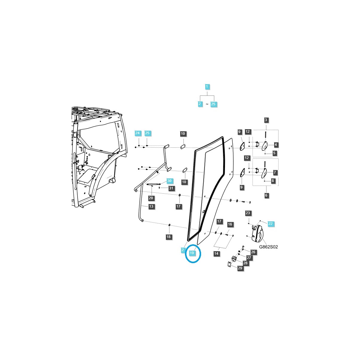 Left Cab Door Glass / MT5.68 / MT5.73 / TRG862 / LS Tractor / No. 40430014