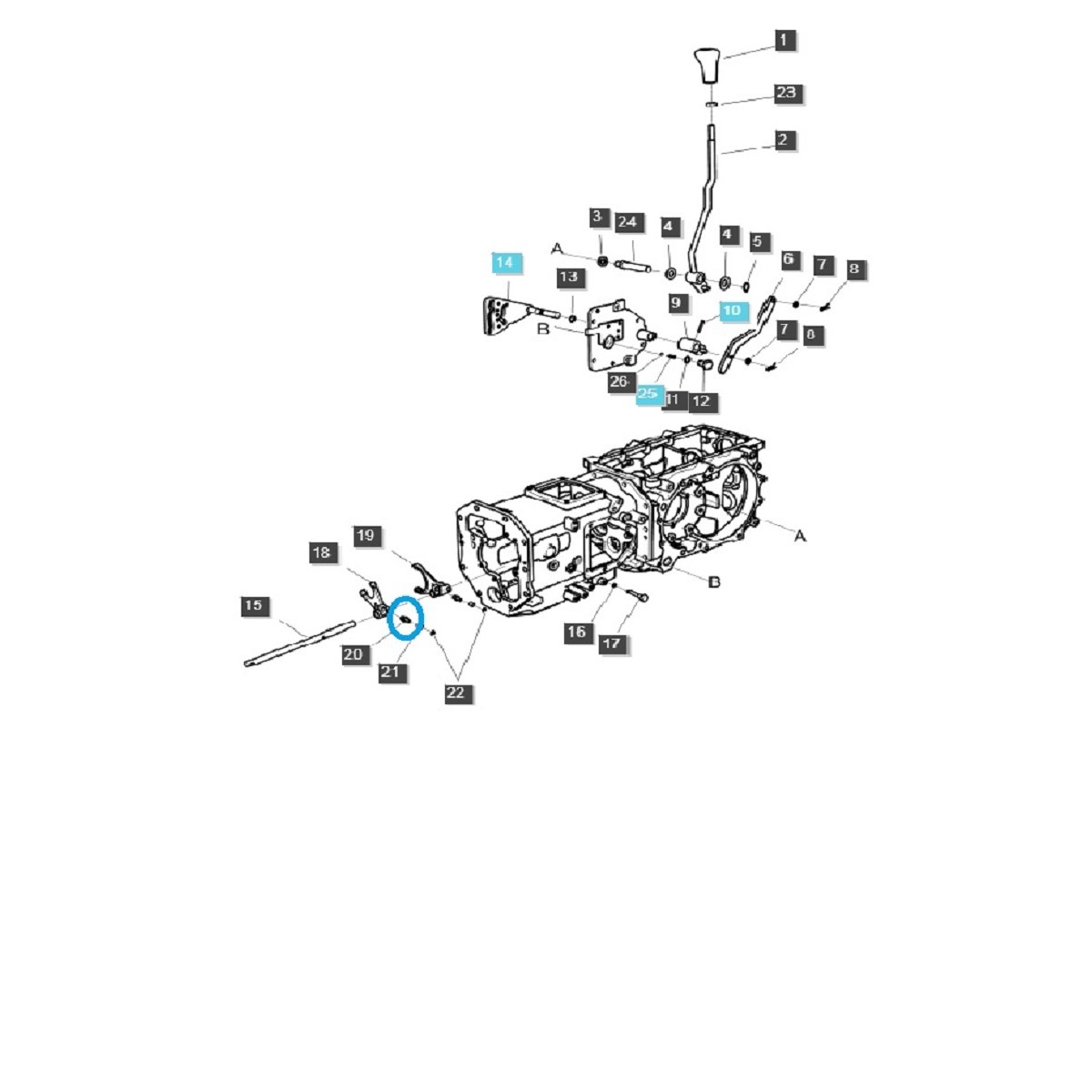 Pasador selector de cambio de marchas A1291278 TRG291 / XU6158, XU6168, ULTRA55, ULTRA65, MT357 / Tractor LS / 40009983