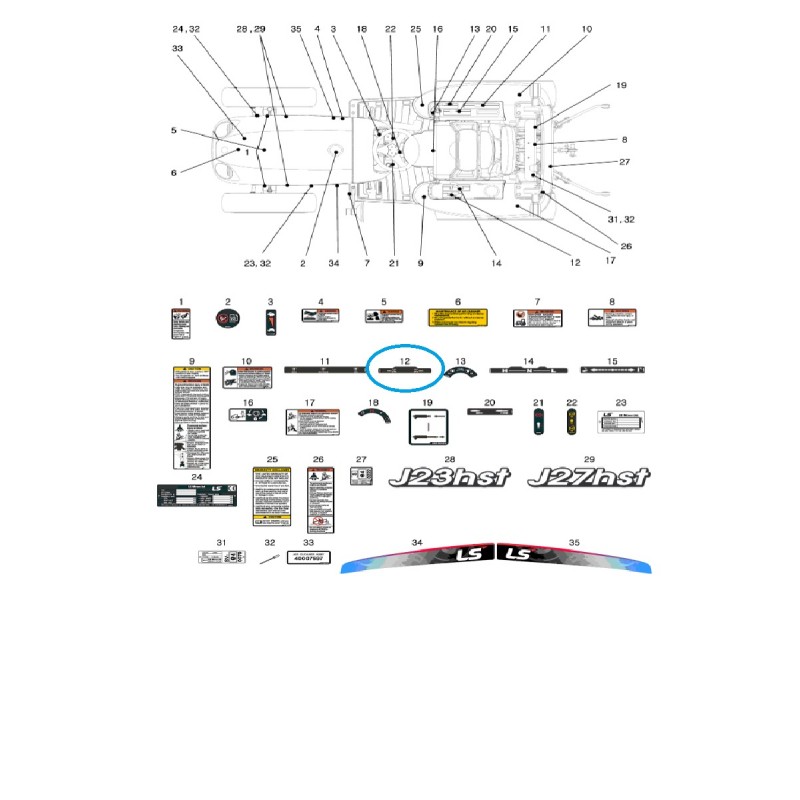 piezas para ls - Etiqueta informativa del interruptor de tracción, 2WD/4WD J23HST, J27HST / Tractor LS / 40258116