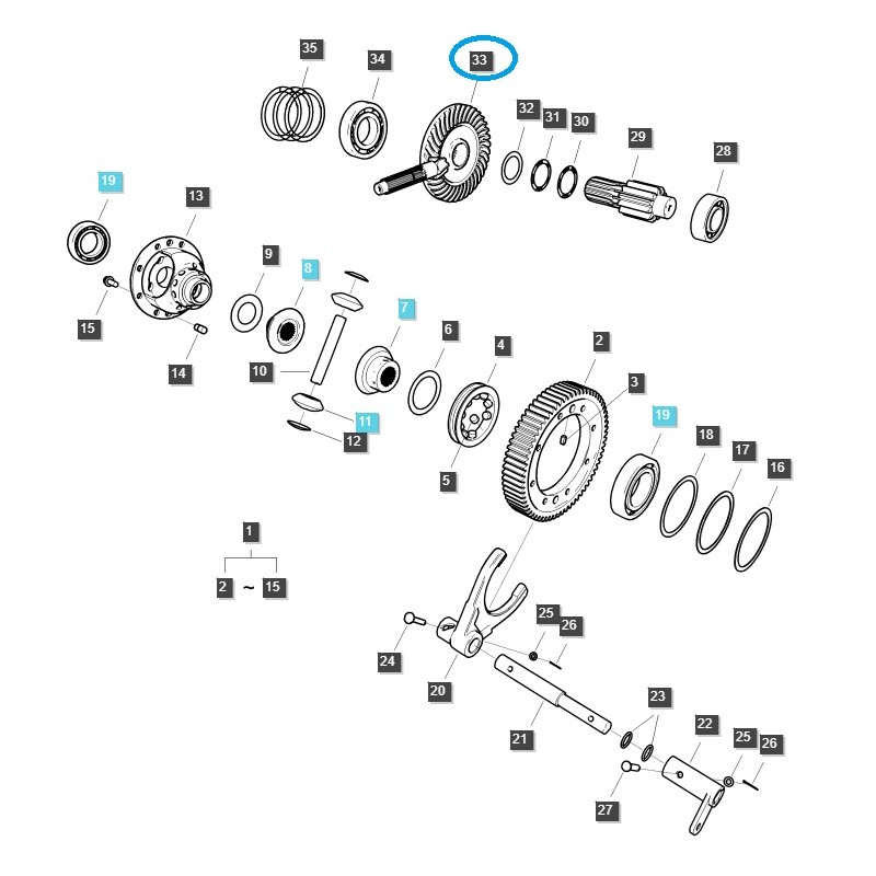 koła talerzowe - Couronne + arbre de transmission / Tracteur G310 / LS 40337101