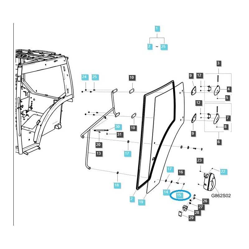 pièces pour ls - Cache-vis de fixation de vitre de porte de cabine / TRG862 / Tracteur LS / n° 40566496