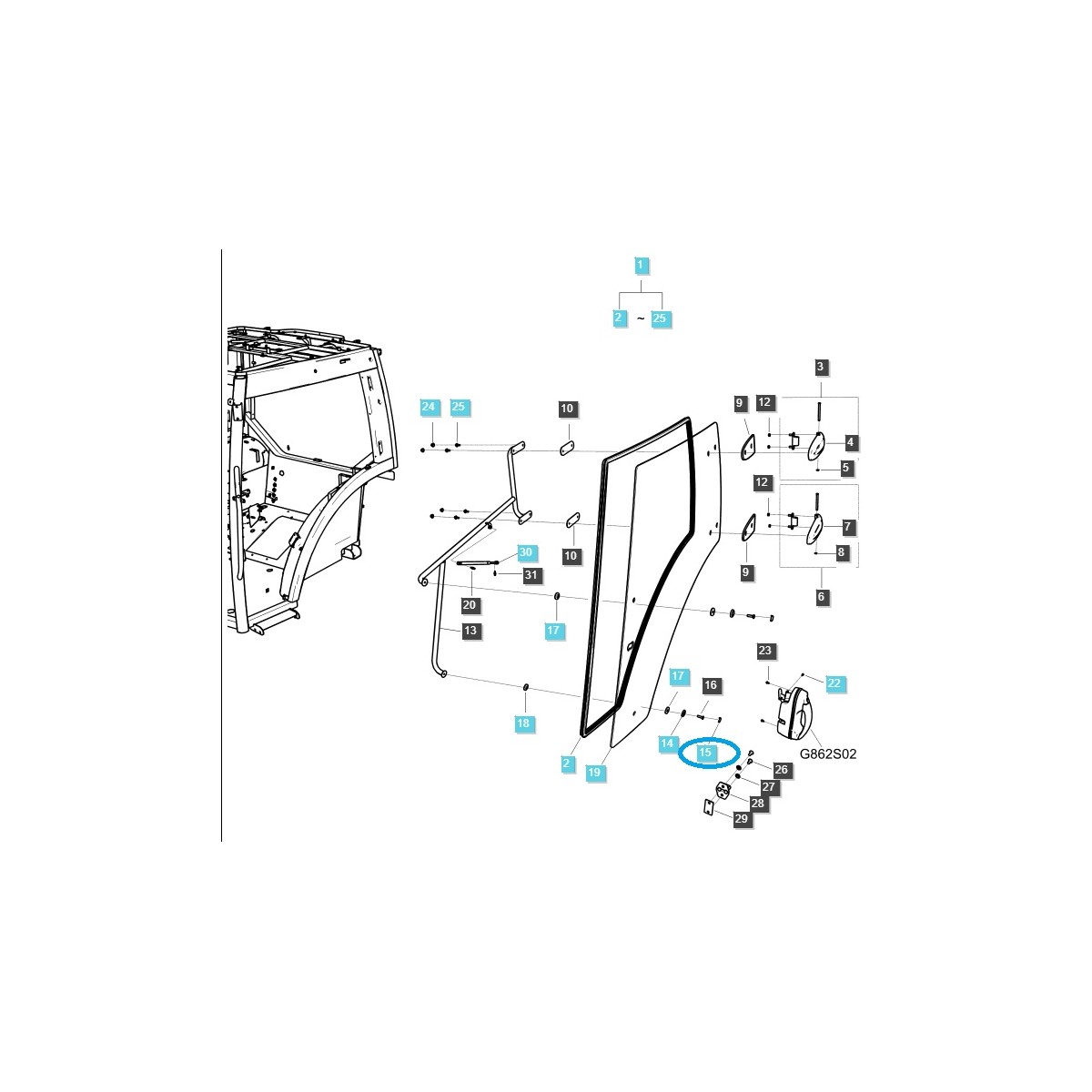 Cache-vis de fixation de vitre de porte de cabine / TRG862 / Tracteur LS / n° 40566496