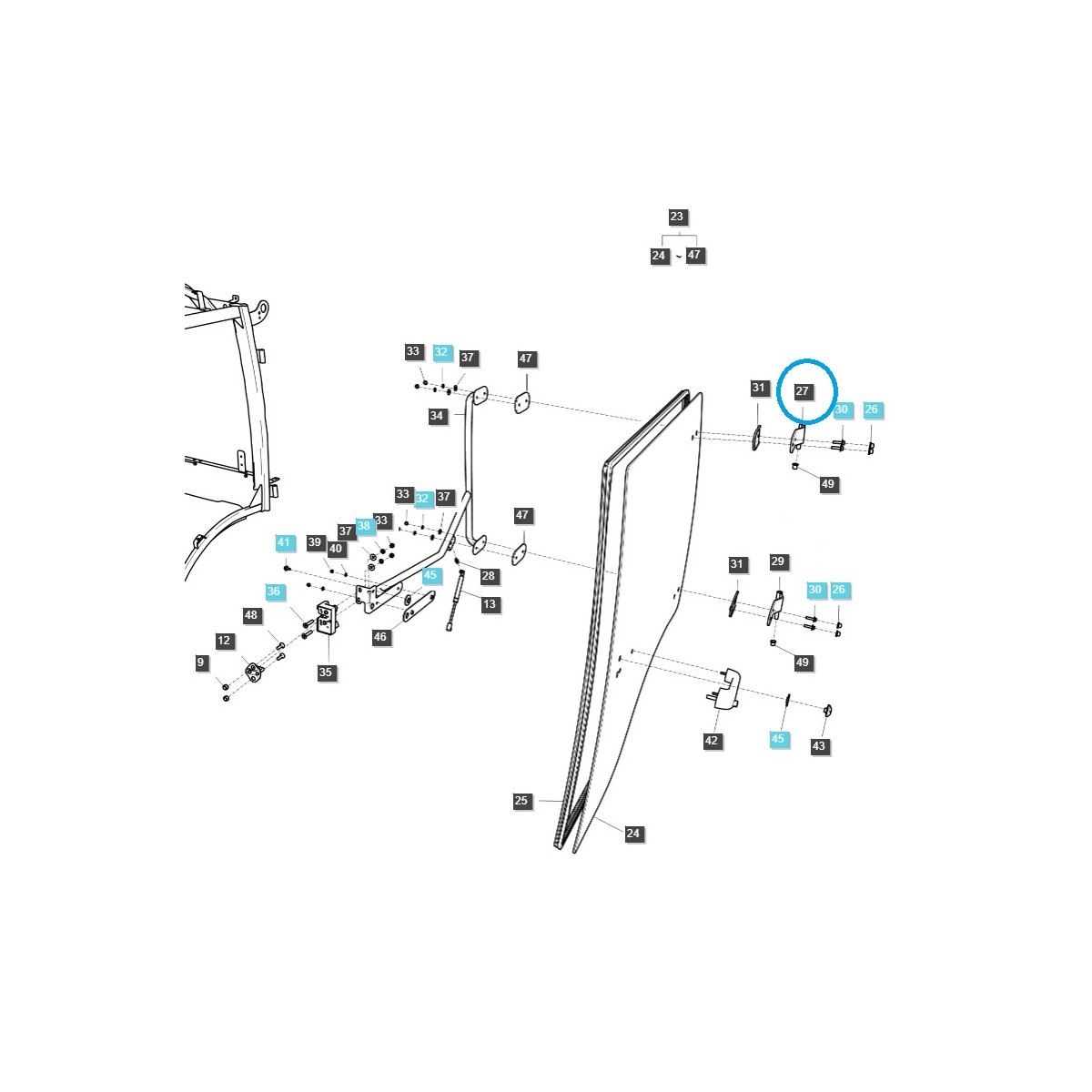 Ľavý pánt dverí kabíny - horný / G862 / Traktor LS / 40383339