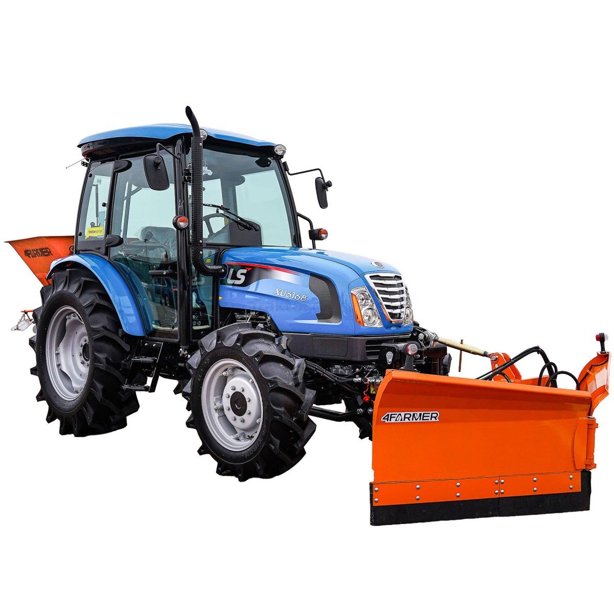 Tractor LS XU6168 MEC 4x4 - 68 CV / CABINA + Arado Vario 240 cm, hidráulico (enganche de 3 puntos) + esparcidor M400 4FARMER