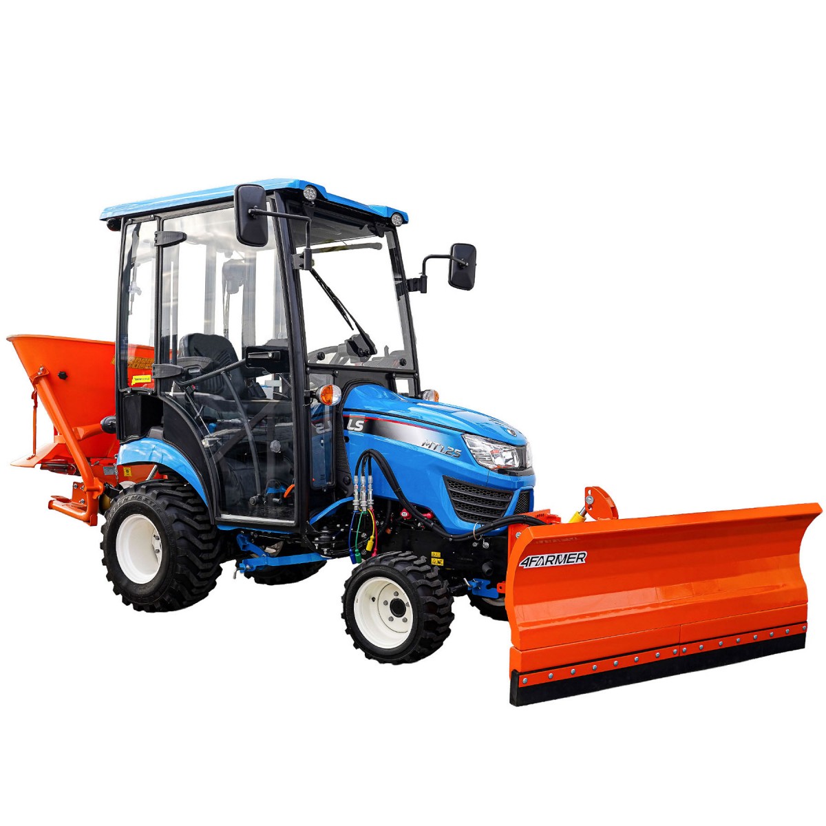 ls mt125 - Traktor LS MT1.25 4x4 - 24,7 HP / KABÍNA / IND + priamy pluh 150 cm 4FARMER + sypač S-200 Strumyk