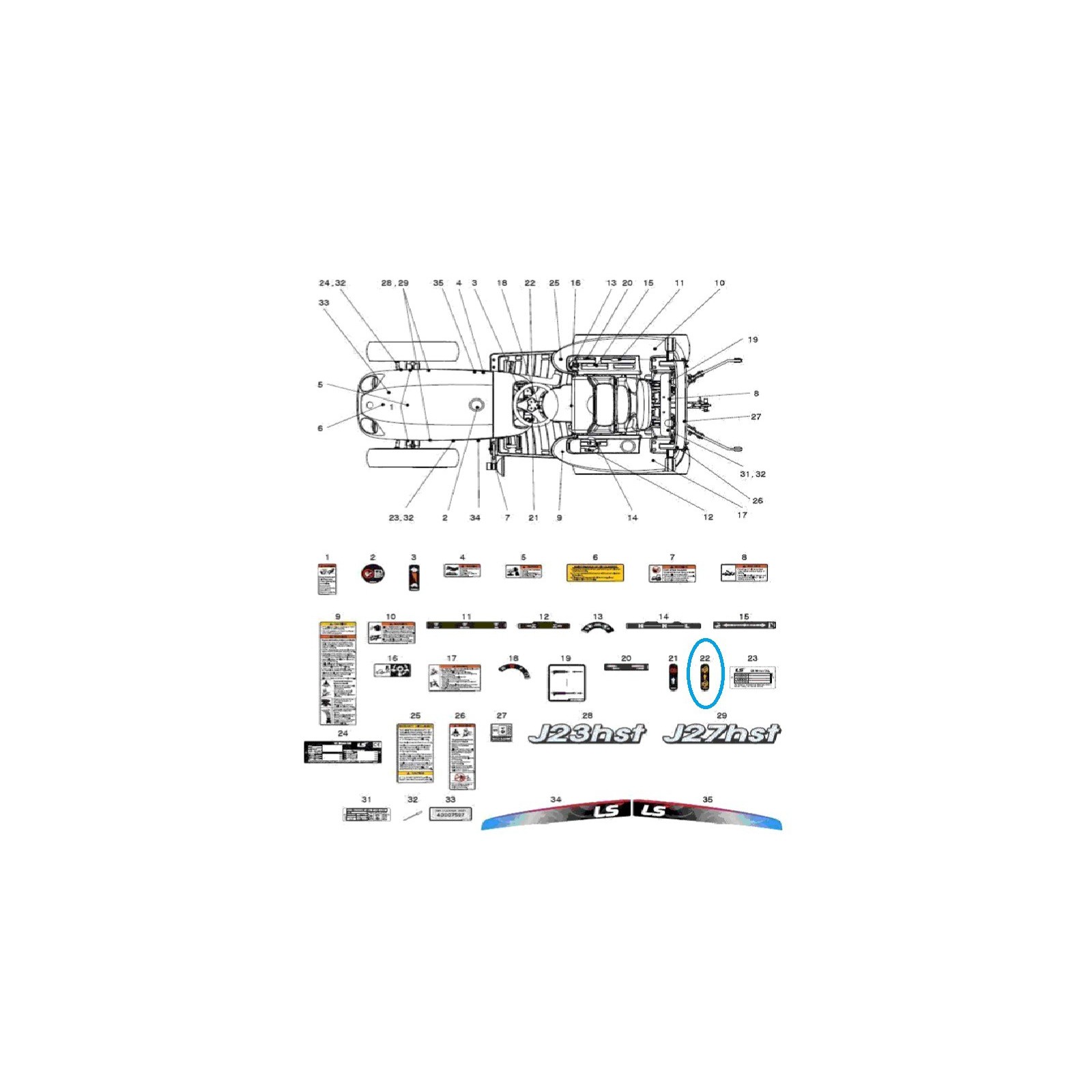 Informační nálepka, tempomat TRG980 J23HST, J27HST / LS Tractor / 40215219