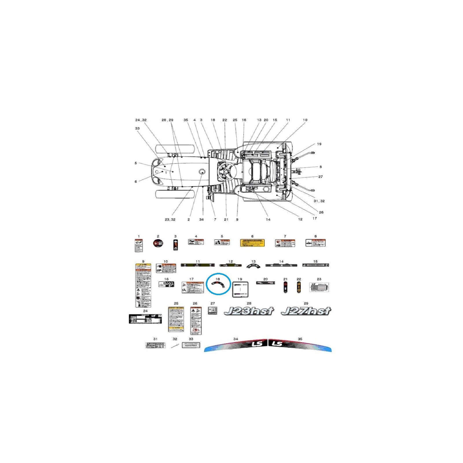 Informationsaufkleber, Schlüsselschalter (J) TRG980 J23HST, J27HST / LS Traktor / 40215535