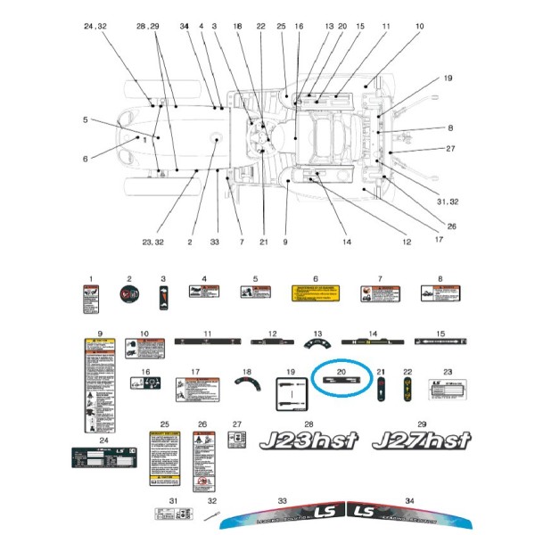Naklejka informacyjna, dźwignia AUX / TRG980 / J23 (HST), J27 (HST), XJ25 (HST) / LS Tractor / 40254068