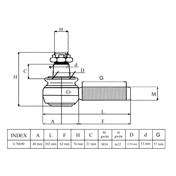 Embout à rotule / 102 x 74 mm / Kubota / S.70690