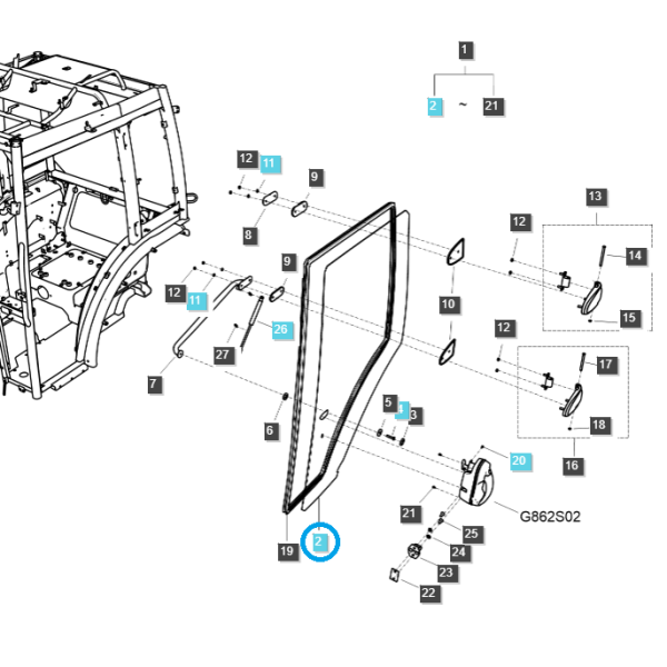 Cristal de la puerta de la cabina izquierda / MT340 / MT357 / Tractor LS MT3 / N.° 40413743 / Tractor LS