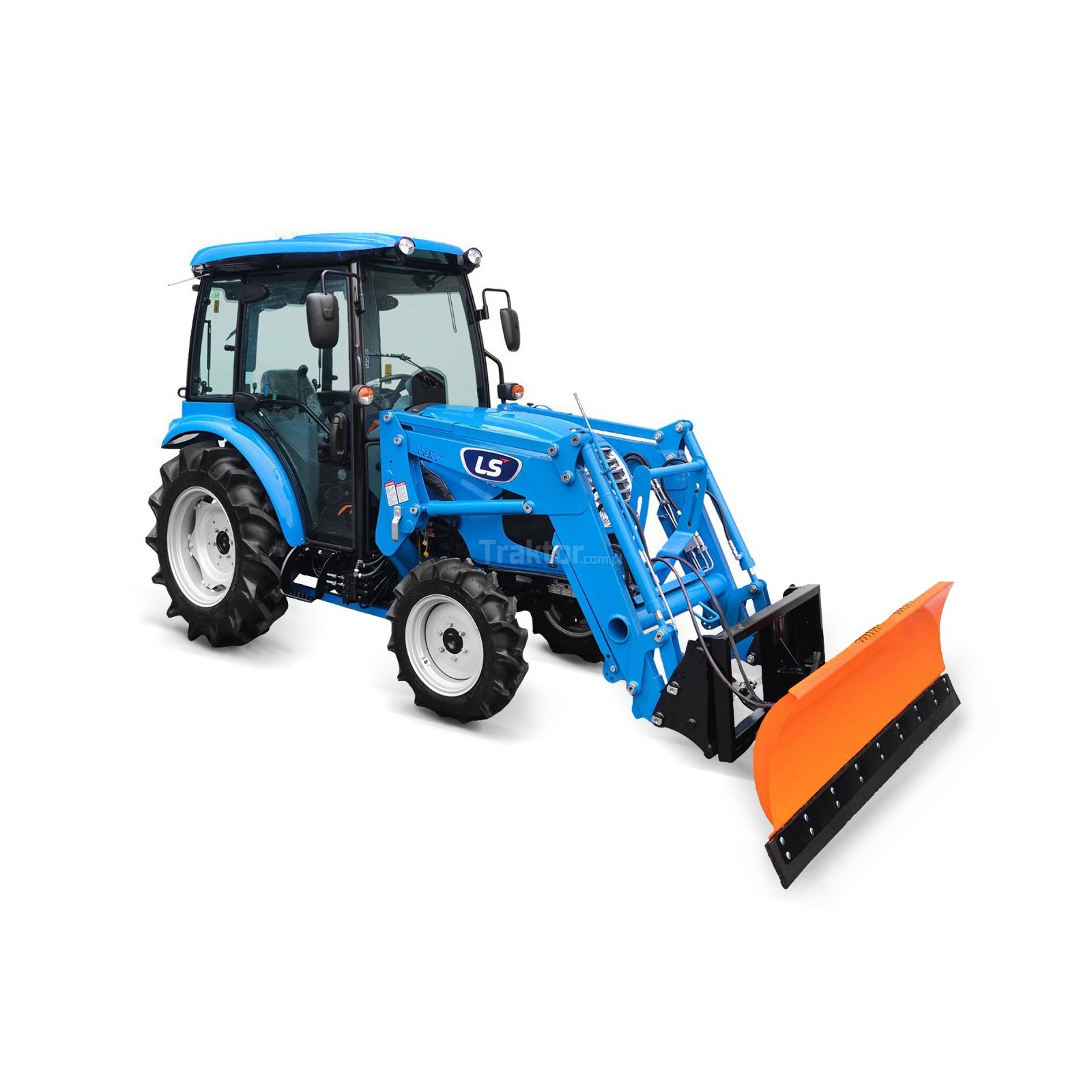 Traktor LS MT3.40 HST s kabínou, čelným nakladačom a snežným pluhom s eurorámom 4FARMER