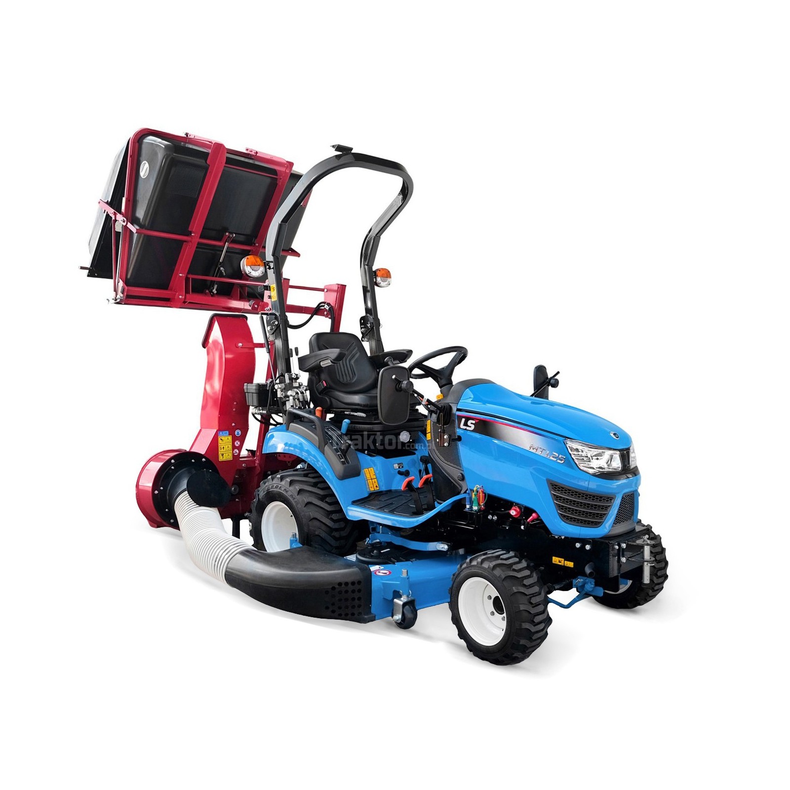 LS Tractor MT1.25 with a lawn mower with a basket and industrial tires