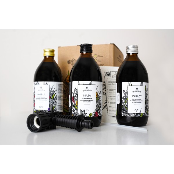 Un set de fertilizantes líquidos con macronutrientes con pulverizador Greenthey