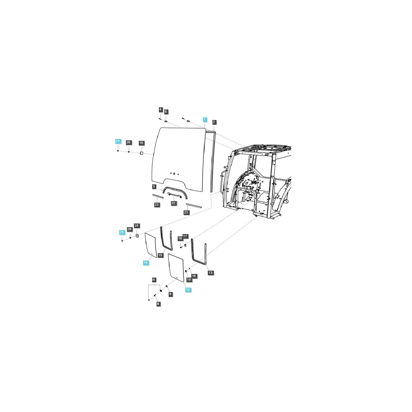 Front / left / lower cab window / TRG863 / LS Tractor / no. 40430020