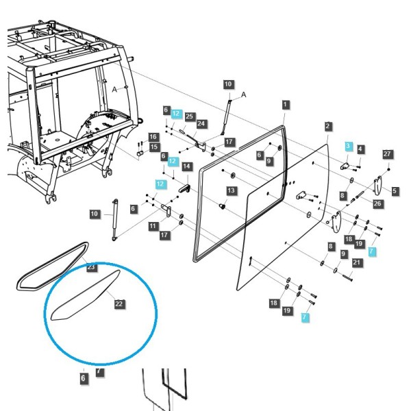 Hinten / unteres Kabinenfenster / TRG863 / LS Traktor / Nr. 40430054