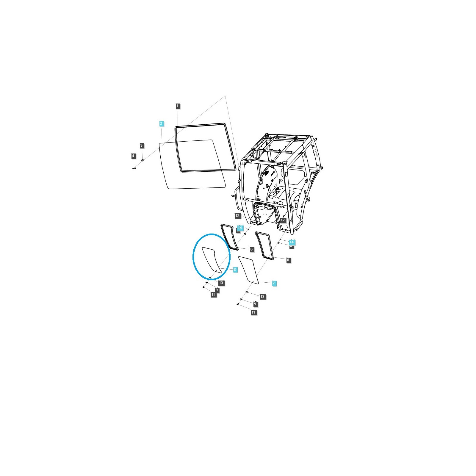 Front / Right / Lower Cabin Glass / TRG863 / LS Tractor / No. 40430050