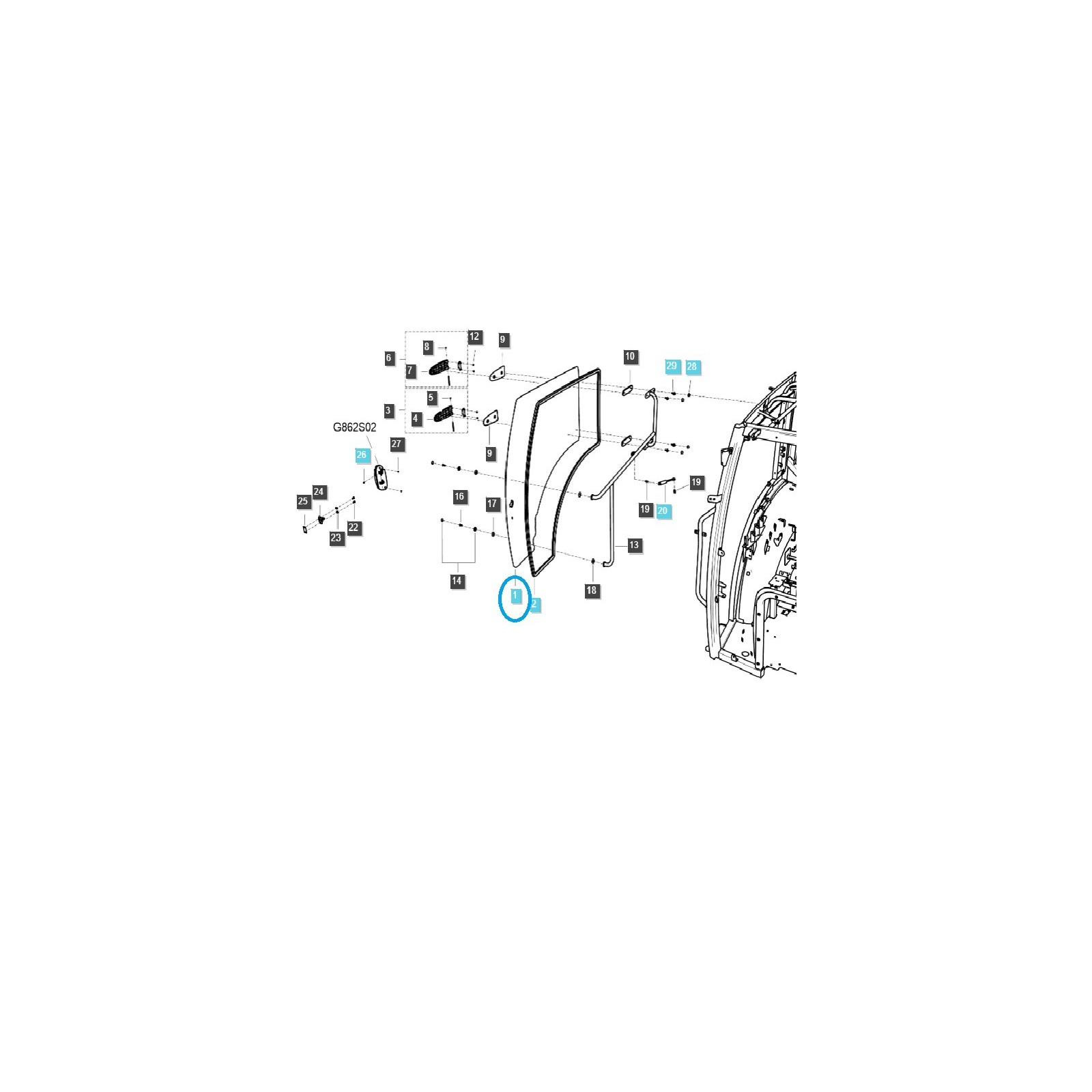 Rechtes Kabinentürglas / TRG862 / LS-Traktor / 40430015