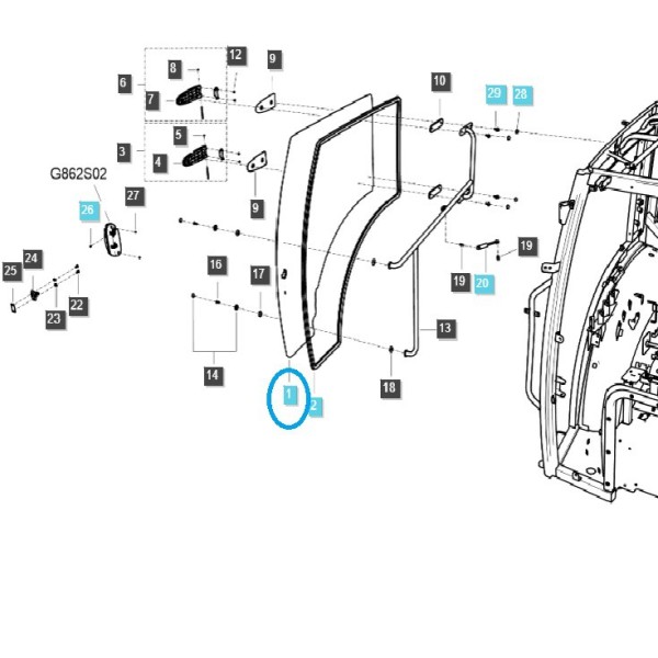 Vitre de porte de cabine droite / TRG862 / Tracteur LS / 40430015