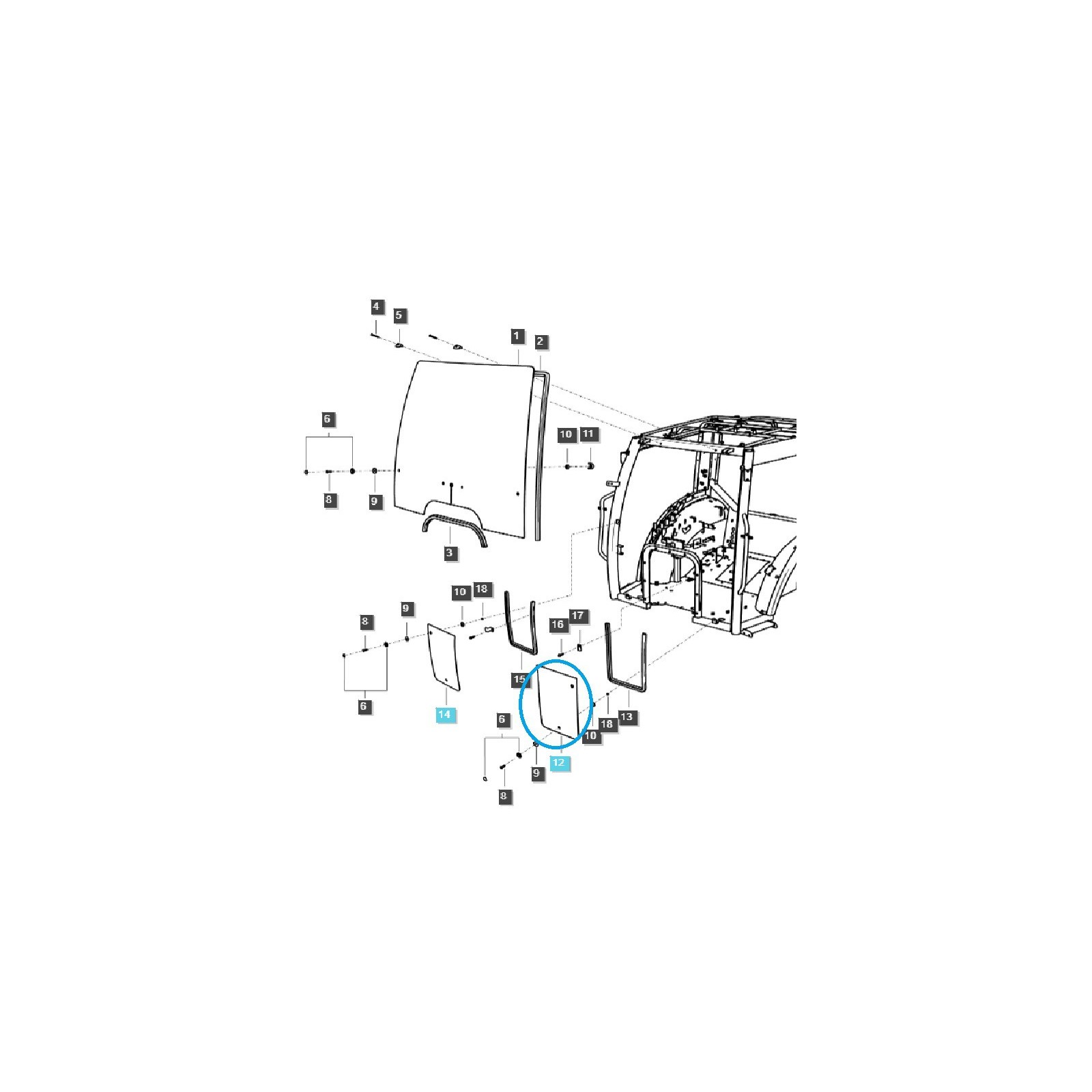 Front / left / lower cab window / TRG863 / LS Tractor / no. 40340764