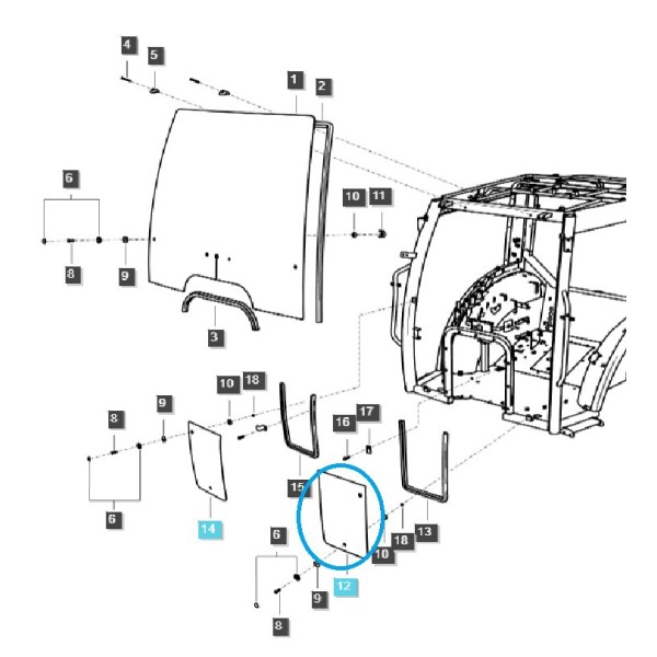 Vorne / links / unteres Kabinenfenster / TRG863 / LS Traktor / Nr. 40340764