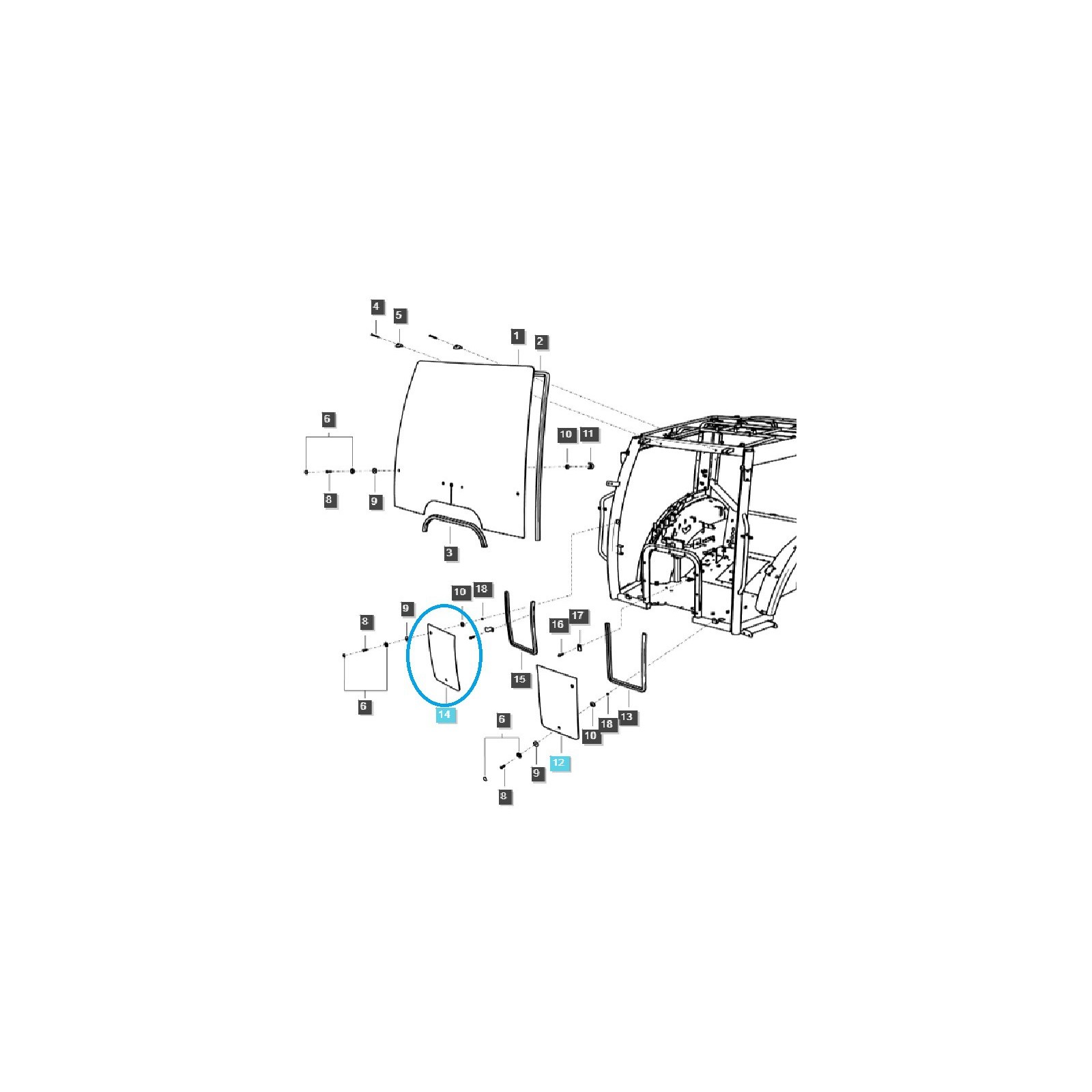 Predné / Pravé / Spodné sklo kabíny / TRG863 / LS Traktor / č. 40340763