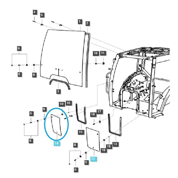 Přední / Pravé / Spodní sklo kabiny / TRG863 / Traktor LS / č. 40340763