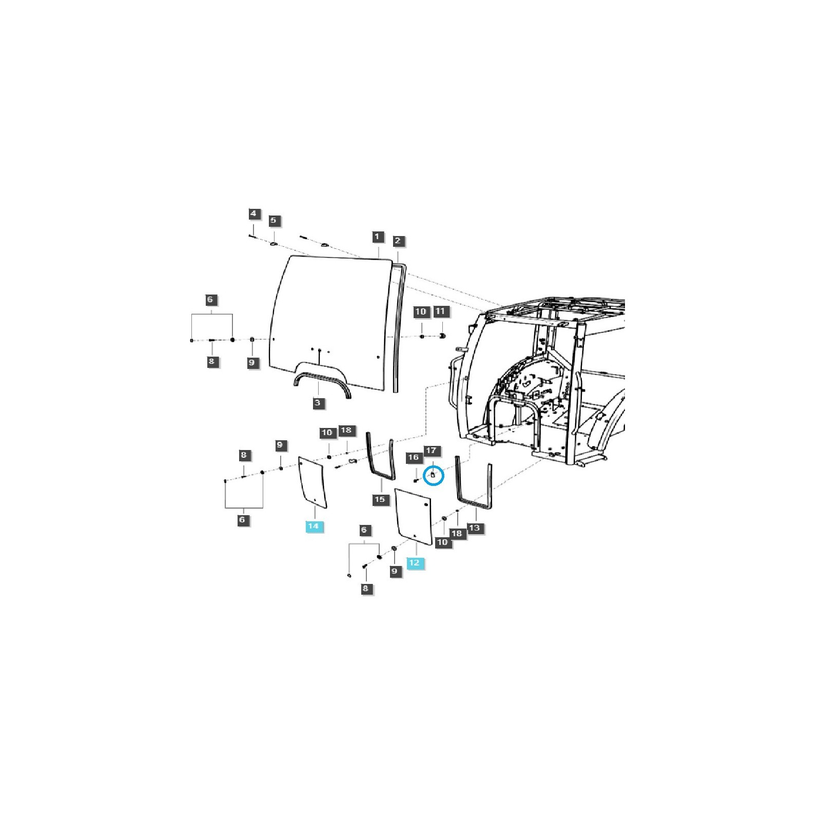 Spodní skleněný držák kabiny / Přední / TRG863 / Traktor LS / č. 40318220