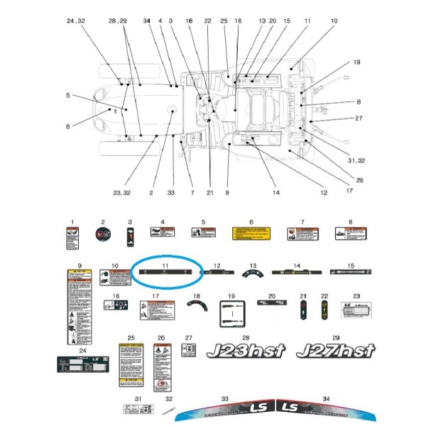 Etiqueta informativa, cambio de toma de fuerza TRG980 J23HST, J27HST / Tractor LS / 40258113
