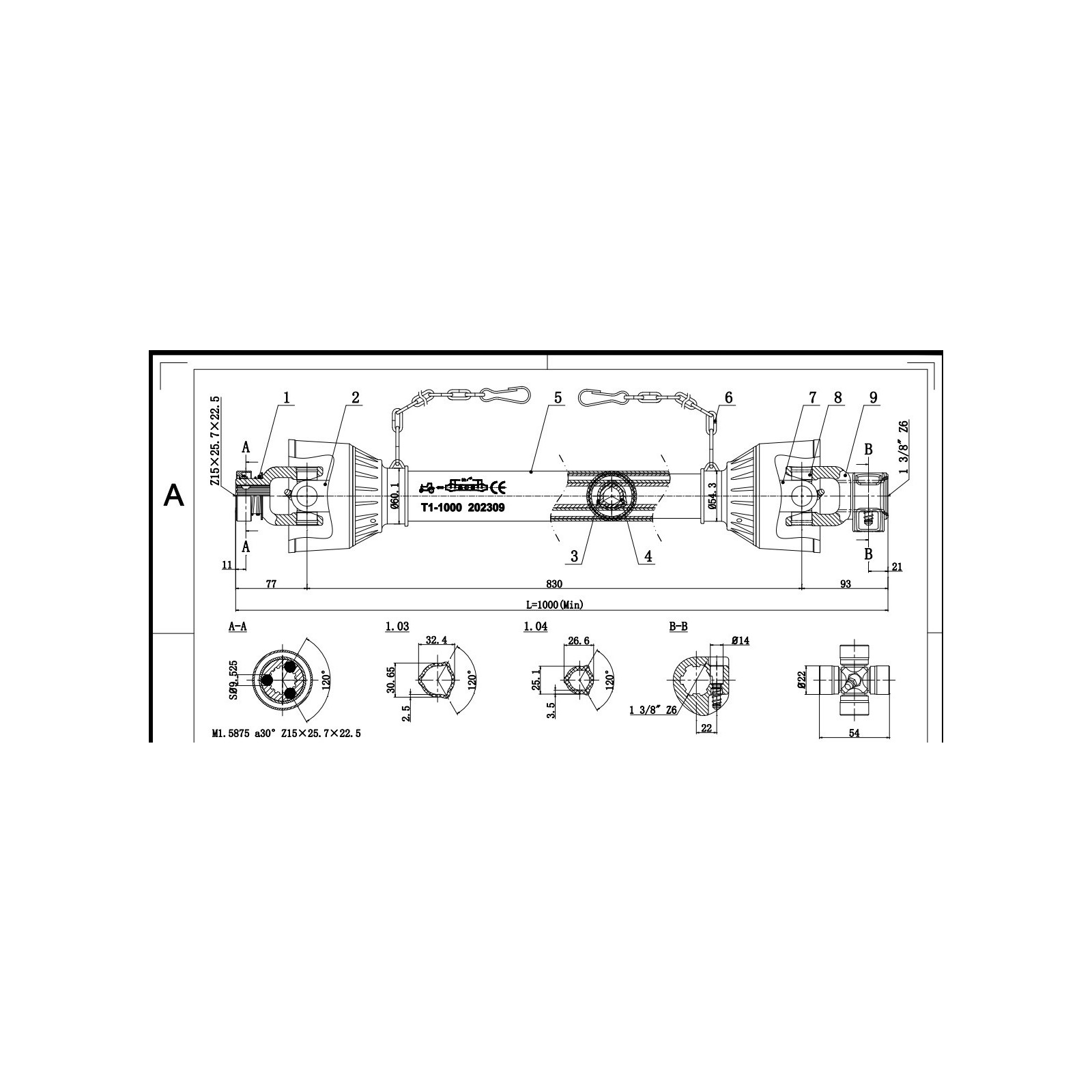 Eje de toma de fuerza 030B - 100 cm / hasta 30 HP - pestillo de 15 pulgadas - estándar de 6 pulgadas