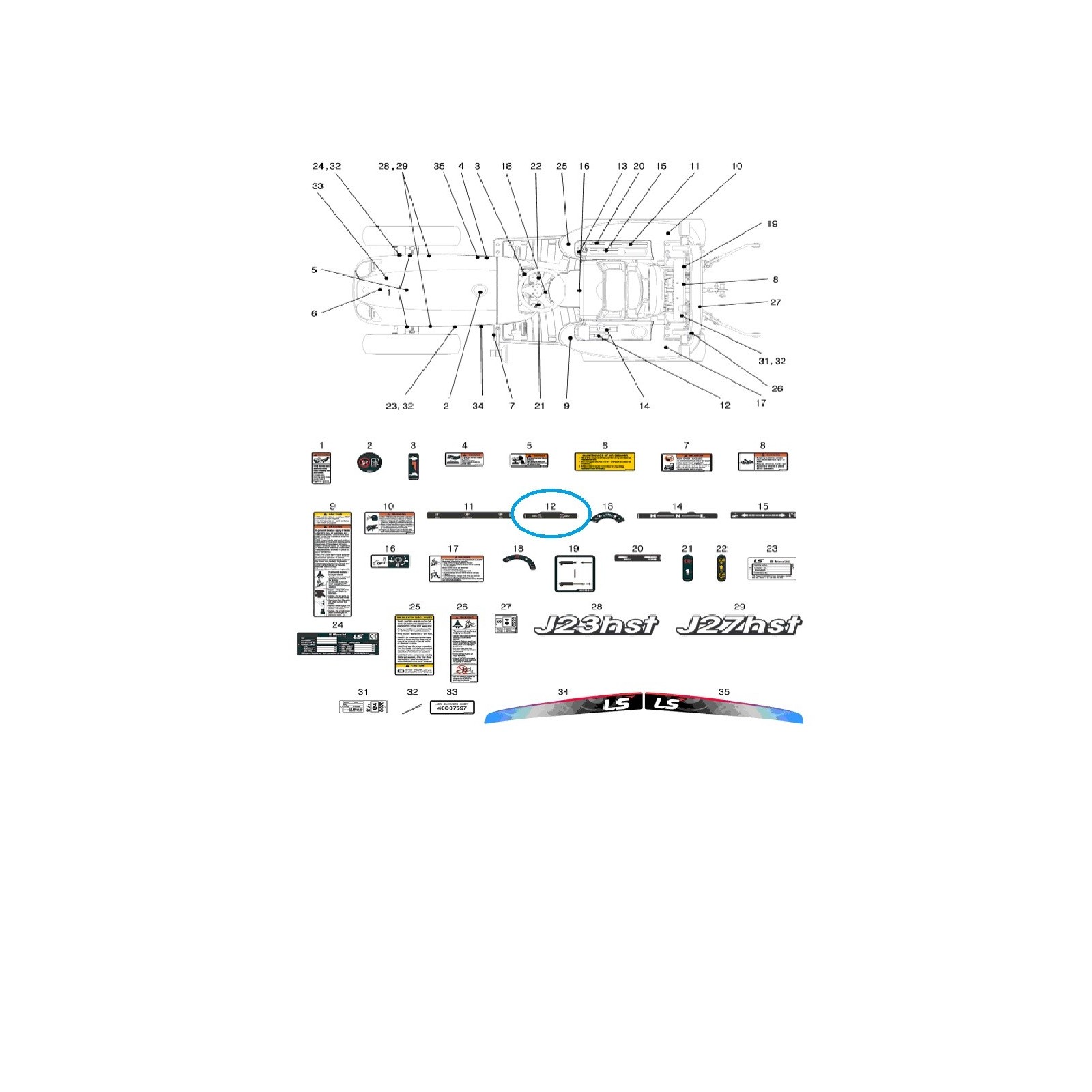 Informační nálepka s přepínačem pohonu, 2WD/4WD J23HST, J27HST / traktor LS / 40258116