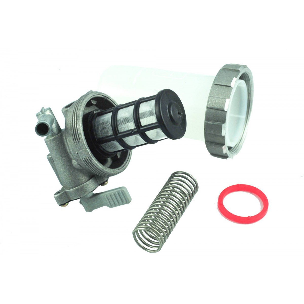 Fuel filter housing with tap and mesh filter glass