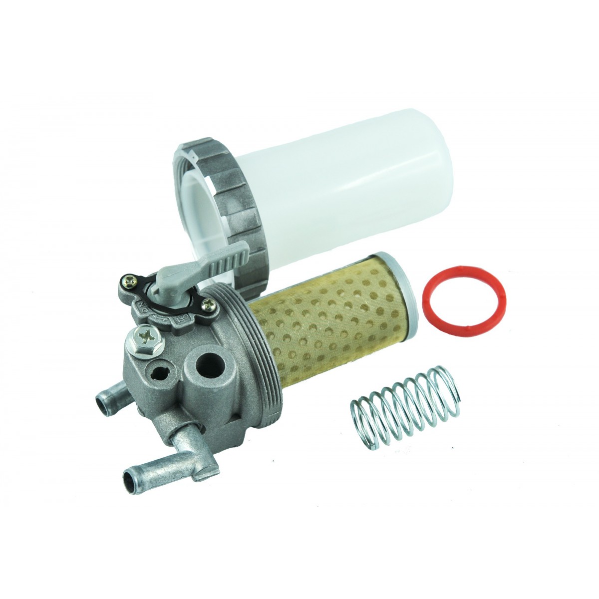 Universal fuel filter with tap, mesh filter and glass